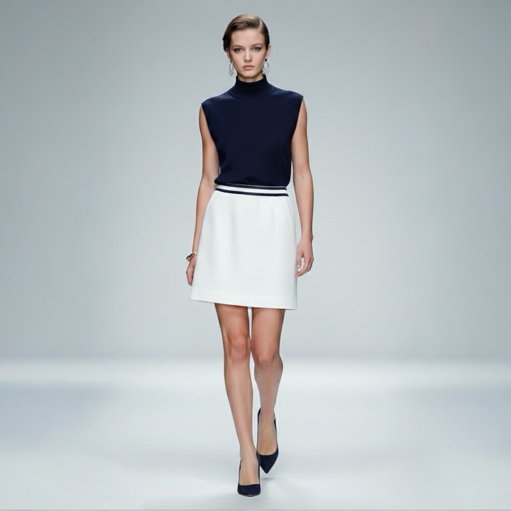 Celine White Cotton A-Line Skirt Navy Stripe Waist Size 40 Preppy Minimalist - Picture 12 of 13